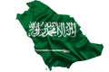 Waving textile flag of Saudi Arabia fills country map. White isolated background, 3d illustration Royalty Free Stock Photo
