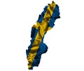 Waving textile flag of Sweden fills country map. White isolated background, 3d illustration Royalty Free Stock Photo