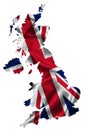 Waving textile flag of United Kingdom fills country map. White isolated background, 3d illustration. Royalty Free Stock Photo