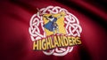 Waving in the wind flag with the symbol of the Rugby team the Highlanders. Sports concept. Editorial use only