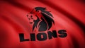 Waving in the wind flag with the symbol of the Rugby team the Lions. Sports concept. Editorial use only