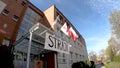 Waving ZNP, Solidarnosc and Polish flags at entrance to Primary School No. 2 in Pruszcz Gdanski during the teachers strike.