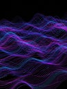 Wavy abstract digital lines in shades of blue and purple creating a flowing sound wave or data stream pattern on a black Royalty Free Stock Photo
