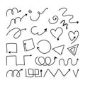 Wavy arrows in various combinations. Arrow lines, arrow hearts, triangles, patterns, squares. Signposts. Arrows. Design Royalty Free Stock Photo