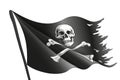 Wavy black pirate flag with bone and skull is on the flagpole.