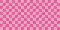 Wavy checkerboard background. Optical illusion. Geometric retro psychedelic checkered pattern. Abstract vector backdrop.