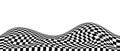 Wavy checkered background. black and white curved warped chessboard floor pattern. Trippy undulate squares texture