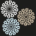 Wavy circle pattern. Abstract flower shapes. Radial graphic Vector set. Dark background decor. Royalty Free Stock Photo
