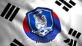 Wavy cloth background of the South korean football association. Motion. Colorful rippling flag with the tiger emblem