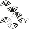 Wavy concentric shapes. Abstract black arcs. Dynamic curved elements. Symmetrical vector design.