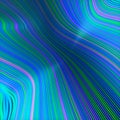 Wavy digital illustration of striped pattern floating lines. Trendy template with curving iridescent wires. 3d rendering