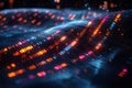 Wavy digital surface displaying glowing binary code and data streams in vibrant colors. Royalty Free Stock Photo
