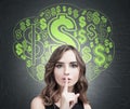 Wavy hair woman, hush and a dollar sign cloud Royalty Free Stock Photo