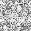 Wavy heart doodle black and white seamless pattern for coloring book. Love mandala outline background