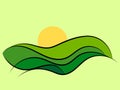 Wavy landscape with green hills and the sun. Dawn with green meadows in a minimalist style. Dawn over green fields. Design for