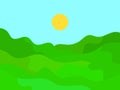 Wavy landscape with green hills and the sun on the horizon. Dawn with green meadows in a minimalist style. Design for posters,