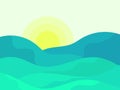 Wavy landscape with green hills and the sun on the horizon. Dawn with green meadows in a minimalist style. Design for posters,