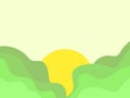 Wavy landscape with green hills and the sun on the horizon. Dawn with green meadows in a minimalist style. Design for posters,