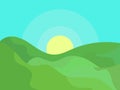 Wavy landscape with green hills and the sun on the horizon. Dawn with green meadows in a minimalist style. Design for posters,