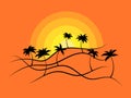 Wavy landscape with palm trees at sunset in line art style. Tropical landscape with silhouettes of palm trees in a minimalist Royalty Free Stock Photo