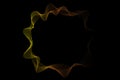 Wavy lines of abstract yellow orange circles flowing on a black background for technology, music, science and the digital world Royalty Free Stock Photo