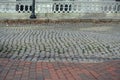 Cobblestone street and brick sidewalk in Portland, Maine, USA, Custom House Street