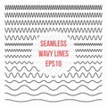 Wavy lines set. Horizontal seamless thin zig zag, criss cross and wavy lines for brushes