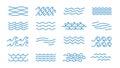 Wavy lines. Simple curves. Water surfaces signs. Stripes and strokes elements. Smooth and swirling symbolic waves. Blue