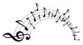 Wavy musical staff with notes on a white background. Vector