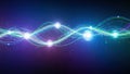 Abstract Wavy Neon Light Trails With Glowing Orbs And Binary Code background blue Royalty Free Stock Photo