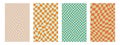 4 wavy psychedelic checker pattern. Retro funky y2k design. Vector illustration in green and orange