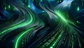 Wavy ribbons display binary code with glowing green highlights, representing data flow and digital information Royalty Free Stock Photo
