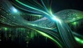 Wavy ribbons display binary code with glowing green highlights, representing data flow and digital information Royalty Free Stock Photo