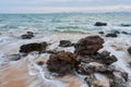 wavy sea with rocks near a beach Royalty Free Stock Photo