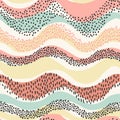 Wavy seamless pattern in modern style. Horizontal curly waves, minimal polka dot doodle