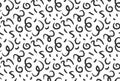 Wavy and swirled brush strokes vector seamless pattern. Black paint freehand scribbles, abstract ink background. Brushstrokes,