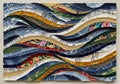 Wavy textile artwork composed of various fabric strips, including denim, floral patterns, and plaid Royalty Free Stock Photo