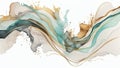Fluid art, paper marbling background. Turquoise golden stains abstract texture. AI generative illustration.