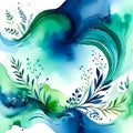 Wavy whimsical artistic texture with herbal elements. Creative colorful background. Watercolor art