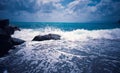 Wawe splashes sea storm horizon