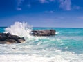 Wawe splashes sea storm horizon