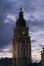 Wawel cathedral clock tower in beautiful blue dusk scene