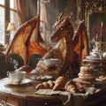 The Wawel Dragon is busily drinking coffee and croissants