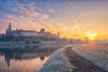 Wawel royal castle, Krakow at sunrise, reflection, Vistula river, Poland Royalty Free Stock Photo