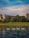 Wawel Royal Castle surrounded by a lake in the evneing in Krakow, Poland Royalty Free Stock Photo