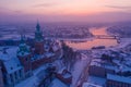 Wawel Royal Castle in winter. Snow on roofs of Wawel castle cathedral and Vistula river Royalty Free Stock Photo