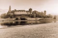 Wawel royal medieval castle, Vistula river, retro, Krakow, Poland