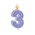 Wax birthday candle of number 3 shape for 3d year anniversary. Glowing figure three candlelight with flame for party Royalty Free Stock Photo