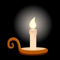 Wax burning candle in an old candlestick. Flat style with shadows and reflections. Power failure. A lighted candle on a retro Royalty Free Stock Photo