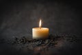 A wax candle is burning on a dark background. Flame of one candle at night close-up. Copy space. Royalty Free Stock Photo